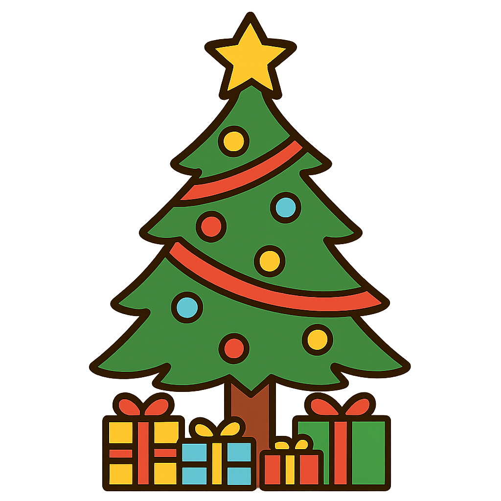 プレゼントが置かれているクリスマスツリーのフリーイラストです