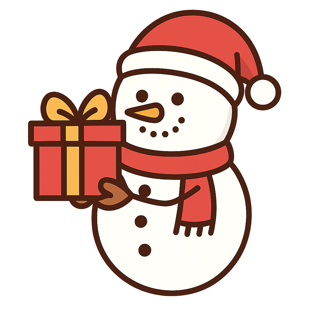 プレゼントを持った雪だるまのフリーイラストです