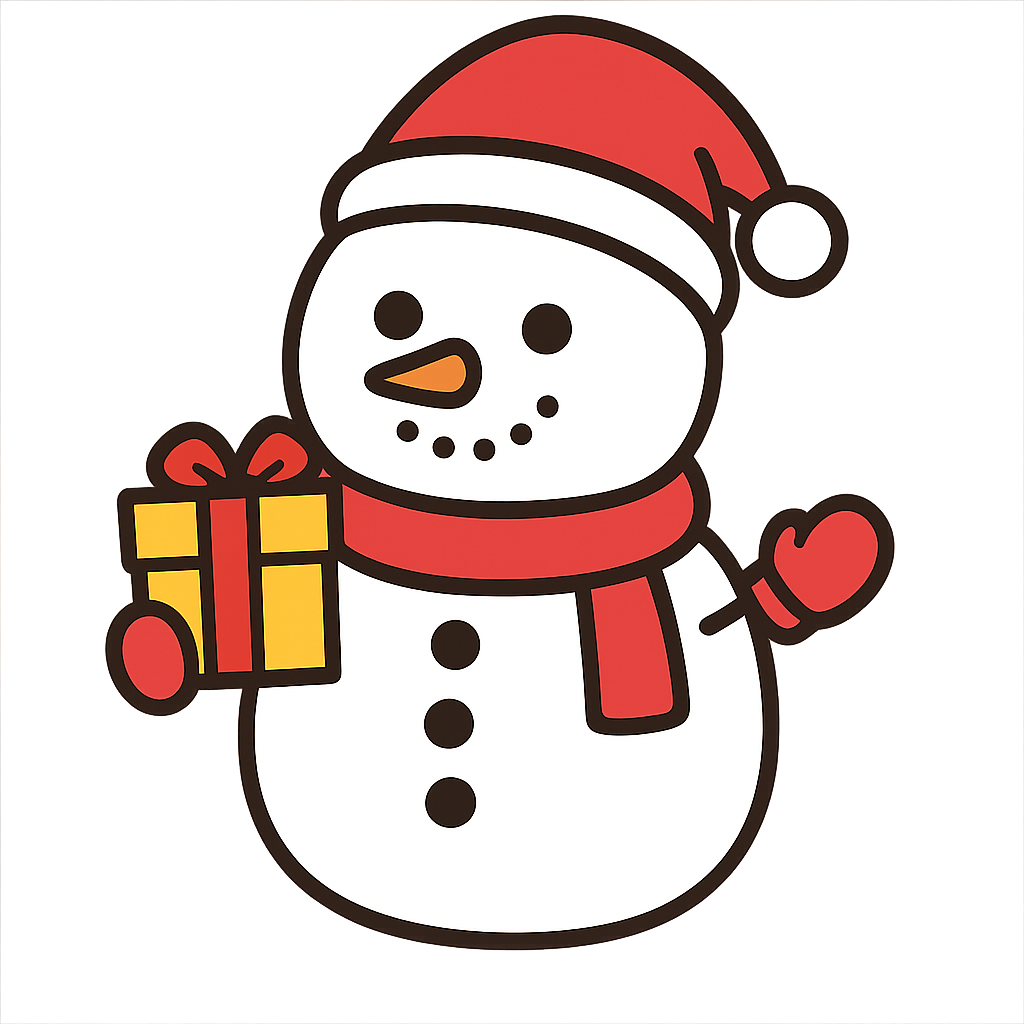 片手にプレゼントを持った雪だるまのフリーイラストです